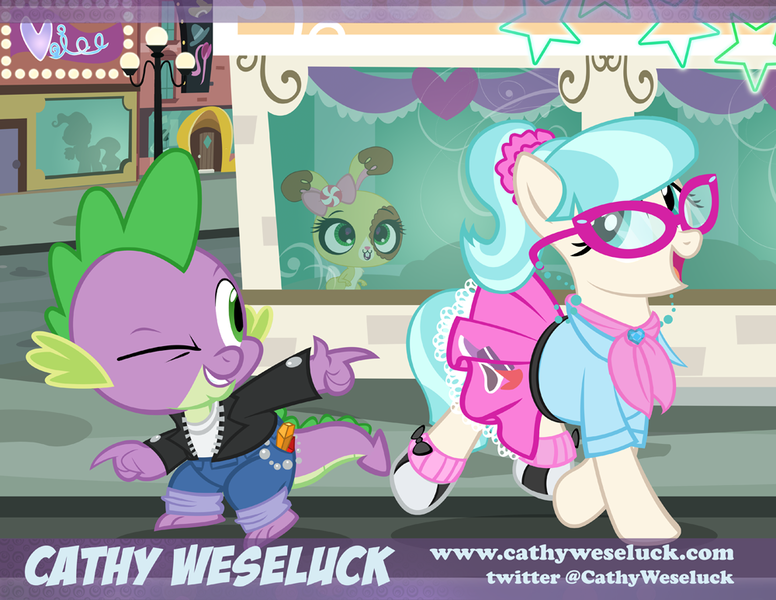 Size: 1000x773 | Tagged: safe, artist:pixelkitties, derpibooru import, coco pommel, mayor mare, spike, pony, 1950s, 50's fashion, 50s, alternate hairstyle, bandana, buttercream sunday, cathy weseluck, chains, clothes, crossover, gem, glasses, greaser, grin, jacket, jeans, leather jacket, littlest pet shop, manehattan, one eye closed, open mouth, pants, pixelkitties' brilliant autograph media artwork, pointing, ponytail, shirt, silhouette, skirt, smiling, voice actor joke, wink