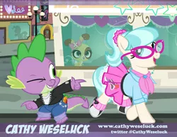 Size: 1000x773 | Tagged: safe, artist:pixelkitties, derpibooru import, coco pommel, mayor mare, spike, pony, 1950s, 50's fashion, 50s, alternate hairstyle, bandana, buttercream sunday, cathy weseluck, chains, clothes, crossover, gem, glasses, greaser, grin, jacket, jeans, leather jacket, littlest pet shop, manehattan, one eye closed, open mouth, pants, pixelkitties' brilliant autograph media artwork, pointing, ponytail, shirt, silhouette, skirt, smiling, voice actor joke, wink