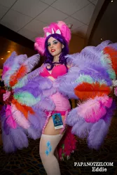 Size: 1365x2048 | Tagged: artist:pinkhair-bluebox, bra, burlesque, clothes, corset, cosplay, costume, derpibooru import, feather fans, garter belt, glimmer wings, human, irl, irl human, photo, rarity, ribbon, safe, solo, sonic rainboom (episode), stockings, thigh highs, underwear, wings