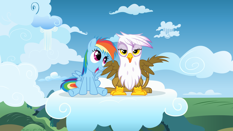 Size: 8000x4500 | Tagged: safe, artist:sigmavirus1, derpibooru import, gilda, rainbow dash, gryphon, absurd resolution, chickub, cloud, cloudy, cute, female, filly, gildadorable, hilarious in hindsight, image, li'l gilda, png, turnabout storm, vector, younger