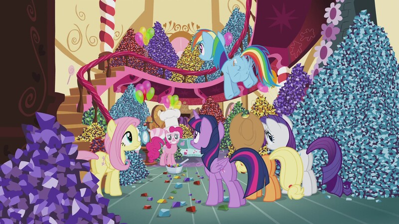 Size: 1920x1080 | Tagged: safe, derpibooru import, screencap, applejack, fluttershy, pinkie pie, rainbow dash, rarity, twilight sparkle, twilight sparkle (alicorn), alicorn, pony, maud pie (episode), balcony, balloon, bed, blue, bowl, candy, candy cane, chef's hat, colorful, cupcake, detailed, female, food, green, grin, hat, heart, mare, mirror, pile, purple, red, rock candy, safety goggles, sheepish, smiling, spiral, stairs, stars, surprised, table, teddy bear, wow pinkie, yellow