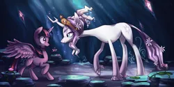 Size: 1600x800 | Tagged: safe, artist:heilos, derpibooru import, tree of harmony, twilight sparkle, twilight sparkle (alicorn), oc, oc:harmony (heilos), ponified, alicorn, classical unicorn, pony, unicorn, princess twilight sparkle (episode), big crown thingy, cloven hooves, crepuscular rays, element of generosity, element of honesty, element of kindness, element of laughter, element of loyalty, element of magic, elements of harmony, eye contact, female, flower, flower in hair, image, jewelry, leonine tail, lidded eyes, looking at each other, mare, open mouth, parody, png, raised hoof, regalia, scene parody, smiling, spread wings, story included, surprised, unshorn fetlocks, wide eyes, wings