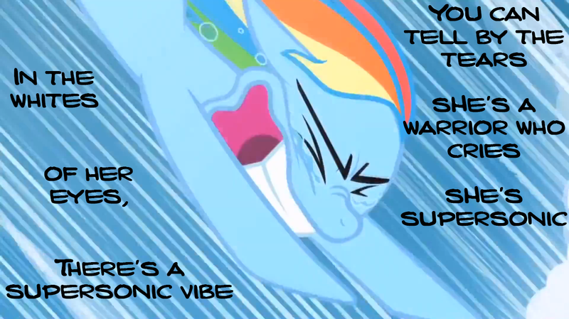 Size: 1280x718 | Tagged: derpibooru import, edit, edited screencap, jamiroquai, lyrics, music, rainbow dash, safe, screencap, solo, song, song reference, sonic rainboom (episode), supersonic, text, the cutie mark chronicles