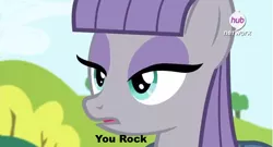 Size: 641x345 | Tagged: caption, derpibooru import, hub logo, image macro, maud pie, maud pie (episode), meme, safe, solo, text