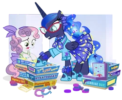 Size: 1200x982 | Tagged: safe, artist:pixelkitties, derpibooru import, princess luna, sweetie belle, alicorn, pony, unicorn, 1950s, 50's fashion, adorkable, alternate hairstyle, bipedal, bipedal leaning, board game, bow, bracelet, braces, card, clothes, cute, diasweetes, dice, dork, dress, fashion, female, filly, frown, garbage day, glasses, grin, horseshoes, jewelry, leaning, lunabetes, mare, necklace, open mouth, raised eyebrow, ribbon, silent night deadly night, simple background, skirt, smiling, stratego, tabletop game, transparent background