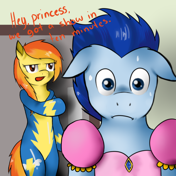 Size: 800x800 | Tagged: safe, artist:spittfireart, derpibooru import, soarin', spitfire, pony, semi-anthro, bipedal, caught, clothes, crossdressing, dress, floppy ears, princess soarin, unamused, uniform, wonderbolts uniform