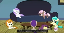 Size: 1600x830 | Tagged: 5-year-old, banana peel (character), brown sugar, burnout (character), caption, couch, derpibooru import, edit, edited screencap, female, filly, for whom the sweetie belle toils, meme, mint flower, plum star, safe, screencap, table, titania, youtube caption, yugoslavia