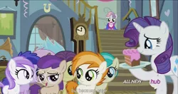 Size: 1440x762 | Tagged: safe, derpibooru import, edit, edited screencap, screencap, banana peel (character), brown sugar, burnout (character), mint flower, plum star, plumberry, rarity, sweetie belle, titania, pony, for whom the sweetie belle toils, caption, hub logo, meme, youtube caption