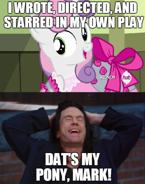 Size: 477x606 | Tagged: caption, derpibooru import, for whom the sweetie belle toils, image macro, meme, safe, sweetie belle, text, that's my x, the room, tommy wiseau