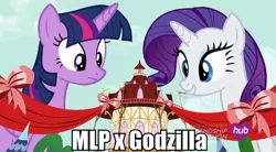 Size: 960x531 | Tagged: safe, derpibooru import, rarity, twilight sparkle, twilight sparkle (alicorn), alicorn, pony, simple ways, caption, female, godzilla (series), image macro, macro, mare, meme, size problem, text, town hall