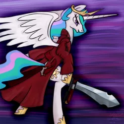 Size: 894x894 | Tagged: artist:brainedbysaucepans, clothes, cosplay, costume, crossover, dante (devil may cry), derpibooru import, devil may cry, devil may cry 3, gun, parody, princess celestia, safe, solo, son of sparda, sword, weapon