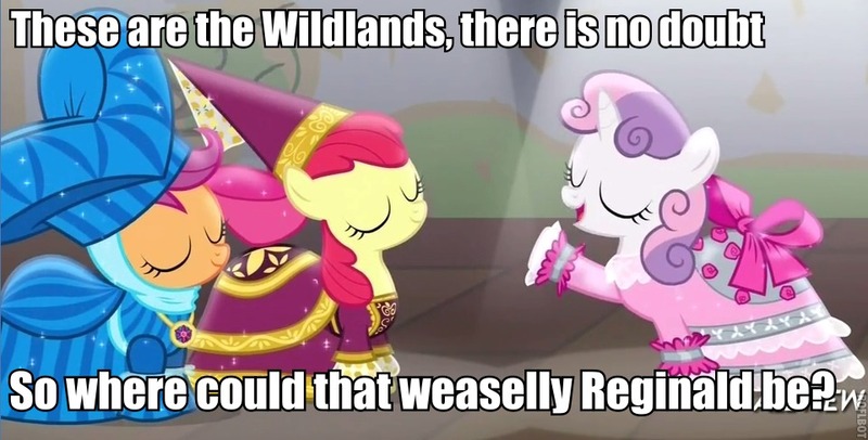 Size: 960x487 | Tagged: apple bloom, caption, clothes, costume, cutie mark crusaders, derpibooru import, dress, edit, edited screencap, fanfic, fanfic art, fanfic:cheerilee's garden, for whom the sweetie belle toils, image macro, meme, play, quote, safe, scootaloo, screencap, sweetie belle, text, this will end in death, this will end in tears, this will end in tears and/or death