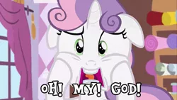 Size: 576x324 | Tagged: caption, derpibooru import, for whom the sweetie belle toils, image macro, jojo's bizarre adventure, meme, omg, safe, screencap, solo, sweetie belle, text