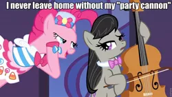 Size: 960x540 | Tagged: bedroom eyes, bipedal, bow (instrument), caption, cello, clothes, derpibooru import, dress, edit, edited screencap, female, gala dress, hoof hold, image macro, innuendo, lesbian, meme, musical instrument, octavia melody, party cannon, pinkie pie, screencap, shipping, suggestive, text, the best night ever