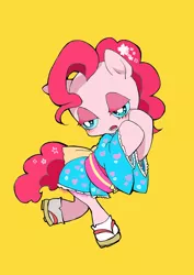 Size: 600x849 | Tagged: safe, artist:kinshota, derpibooru import, pinkie pie, pony, bipedal, clothes, kimono (clothing), pixiv, simple background, solo, starry eyes, wingding eyes