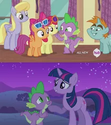 Size: 1920x2160 | Tagged: safe, derpibooru import, edit, screencap, apple bloom, cloud kicker, scootaloo, snips, spike, twilight sparkle, dragon, earth pony, pegasus, pony, unicorn, for whom the sweetie belle toils, owl's well that ends well, season 1, season 4, bush, cheering up, chin up, colt, comparison, compassion, curtains, female, filly, hill, hub logo, male, mare, night, stars, sunglasses, unicorn twilight, window