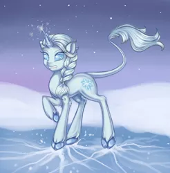 Size: 2200x2240 | Tagged: safe, artist:misukitty, derpibooru import, ponified, classical unicorn, pony, unicorn, cloven hooves, cracking, crossover, disney, elsa, frozen (movie), ice, leonine tail, magic, pond, snow, snowfall, solo, unshorn fetlocks, water