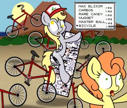 Size: 1224x1036 | Tagged: safe, artist:xylophon, derpibooru import, carrot top, derpy hooves, golden harvest, missingno, pegasus, pony, bicycle, crossover, cute, derp, error, female, glitch, mare, pokémon, silly, tongue out, wat