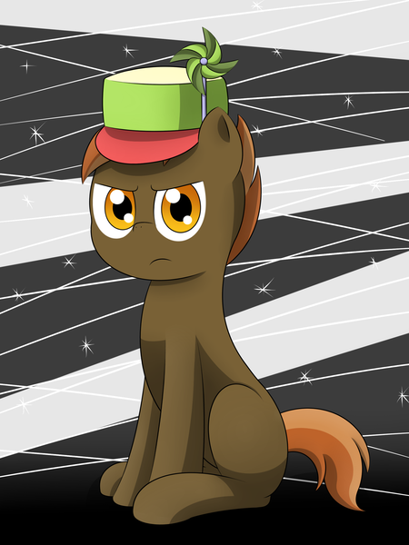 Size: 1800x2400 | Tagged: safe, artist:pvryohei, derpibooru import, button mash, earth pony, pony, angry, blank flank, colt, foal, hat, hooves, male, pinwheel (toy), shining bonds, sitting, solo