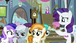Size: 1280x720 | Tagged: safe, derpibooru import, edit, edited screencap, screencap, banana peel (character), brown sugar, burnout (character), lightning flare, mint flower, plumberry, rarity, silver spoon, sweetie belle, titania, earth pony, pegasus, pony, unicorn, for whom the sweetie belle toils, 5-year-old, 5-year-old sweetie belle, colt, female, filly, hub logo, male, mare, party