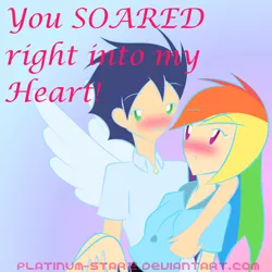 Size: 894x894 | Tagged: safe, artist:platinum-starz, derpibooru import, rainbow dash, soarin', human, blushing, card, carrying, female, humanized, male, shipping, soarindash, straight