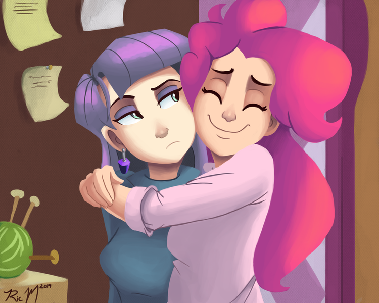 Size: 1500x1200 | Tagged: artist:ric-m, clothes, derpibooru import, eyes closed, female, hug, human, humanized, maud pie, maud pie (episode), pinkie pie, safe, scene interpretation, smiling