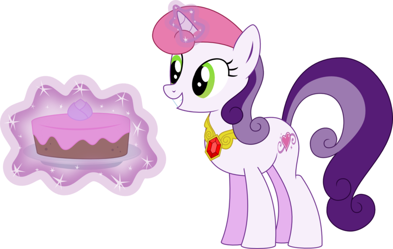 Size: 1571x996 | Tagged: safe, artist:kaylathehedgehog, derpibooru import, sweetie belle, sweetie belle (g3), unicorn, cake, element of generosity, element of honesty, element of kindness, element of laughter, element of love, element of loyalty, element of magic, elements of harmony, food, g3, g3 to g4, g4, generation leap, glowing horn, horn, jewelry, magic, necklace, solo, sweetie belle's magic brings a great big smile