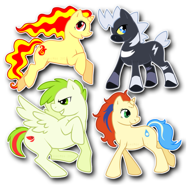 Size: 900x879 | Tagged: safe, artist:kaceymeg, derpibooru import, ponified, blitzle, keldeo, pony, rapidash, shaymin, pokémon