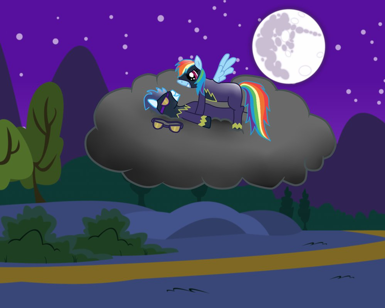 Size: 998x800 | Tagged: safe, artist:rulette, derpibooru import, rainbow dash, soarin', clothes, cloud, costume, female, male, night, nightmare night, shadowbolt dash, shadowbolts costume, shipping, soarindash, straight