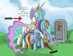 Size: 910x700 | Tagged: safe, derpibooru import, edit, button mash, princess celestia, rainbow dash, alicorn, pegasus, pony, butt, buttongate, celestia's grave meme, comic sans, exploitable meme, female, grave, gravestone, implied death, lucifer hasbro, mare, meme, plot