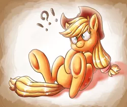 Size: 1600x1355 | Tagged: safe, artist:raunchyopposition, derpibooru import, applejack, pony, bellyrubs, ear fluff, happy, legs in air, on back, silly, silly pony, smiling, solo, underhoof, who's a silly pony, wide eyes