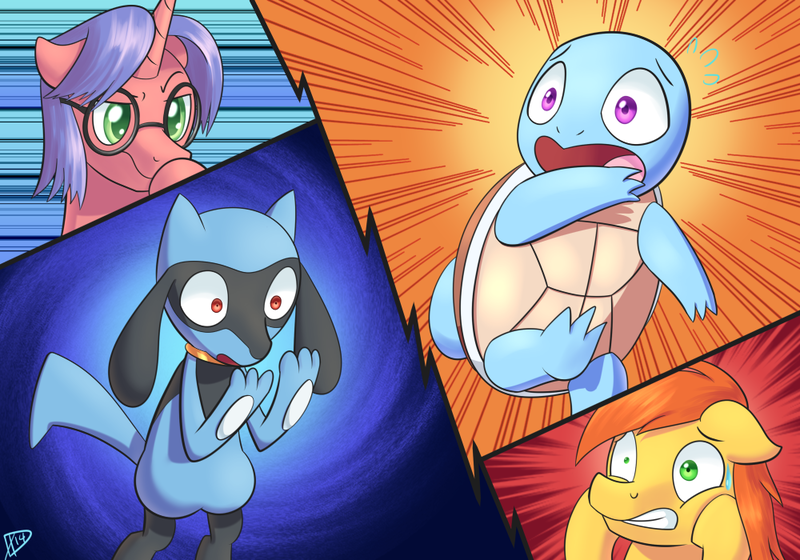 Size: 1000x700 | Tagged: artist:paradigmpizza, crossover, derpibooru import, glasses, oc, pokémon, riolu, safe, squirtle