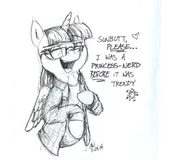 Size: 500x466 | Tagged: safe, artist:thraten, derpibooru import, twilight sparkle, twilight sparkle (alicorn), alicorn, pony, before it was cool, female, glasses, hipster, mare, monochrome, solo