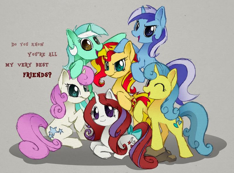 Size: 1362x1004 | Tagged: safe, artist:hydro-king, derpibooru import, lemon hearts, lyra heartstrings, minuette, moondancer (g1), sunset shimmer, twinkleshine, earth pony, pegasus, pony, unicorn, alternate mane six, friendship, g1, g1 to g4, generation leap, glorious master race, hilarious in hindsight, mane six opening poses, one eye closed, open mouth, prone, raised hoof, sitting, smiling, unicorn master race, wink