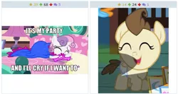 Size: 515x275 | Tagged: 5-year-old sweetie belle, crying, cute, derpibooru, derpibooru import, exploitable meme, for whom the sweetie belle toils, it's my party, juxtaposition, juxtaposition win, lesley gore, meme, meta, pound cake, pound cake laughs at your misery, safe, song reference, sweetie belle