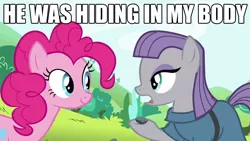 Size: 1280x720 | Tagged: boulder (pet), caption, derpibooru import, edit, edited screencap, maud pie, maud pie (episode), pinkie pie, screencap, suggestive