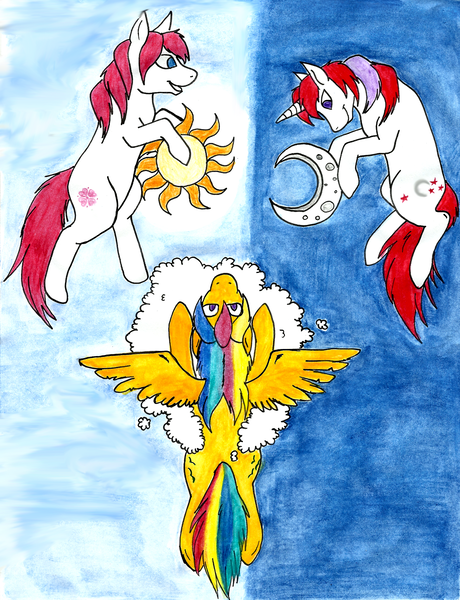 Size: 1648x2150 | Tagged: artist:ayakemono, derpibooru import, g1, moon, moondancer (g1), safe, skydancer, sun, sundance, traditional art