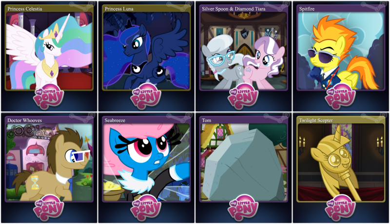 Size: 2001x1151 | Tagged: breezie, derpibooru import, diamond tiara, doctor whooves, princess celestia, princess luna, safe, scepter, seabreeze, silver spoon, spitfire, steam (software), steam trading card, time turner, tom, twilight scepter