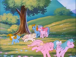 Size: 718x540 | Tagged: baby half note, baby lofty, baby ribbon, baby tiddlywinks, buttons (g1), derpibooru import, flower, g1, hill, laughing, meadow, my little pony 'n friends, playing, ribbon (g1), running, safe, screencap, tree