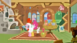 Size: 1275x718 | Tagged: angel bunny, animal costume, chicken pie, chicken suit, clothes, costume, derpibooru import, easter, easter egg, fluttershy, fluttershy's cottage, holiday, pinkie pie, safe