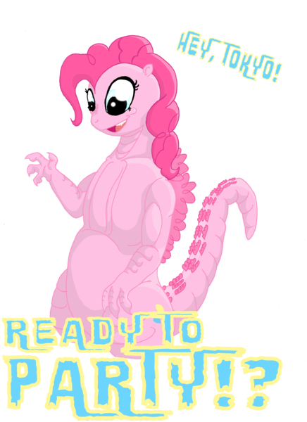 Size: 5100x7019 | Tagged: absurd resolution, artist:jacobdobson, crossover, derpibooru import, dialogue, godzilla, godzilla (series), gojira, kaiju, kaijufied, pinkie pie, safe, solo, species swap