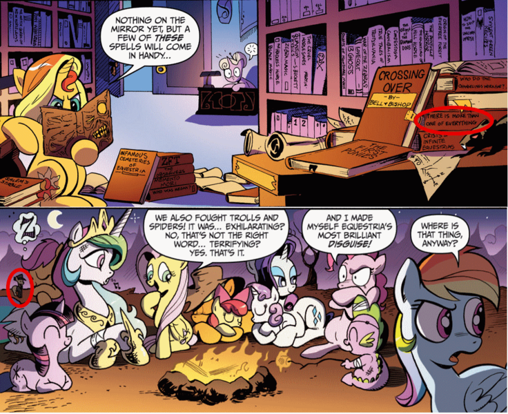 Size: 1004x819 | Tagged: safe, artist:andypriceart, derpibooru import, idw, apple bloom, applejack, fluttershy, megan williams, nightmare moon, observer (character), pinkie pie, princess celestia, rainbow dash, rarity, scootaloo, spike, sunset shimmer, sweetie belle, twilight sparkle, diamond dog, pony, rat, spoiler:comic, black magic, book, comic, crisis on infinite earths, crisis on infinite equestrias, cutie mark crusaders, eyeshadow, foreshadowing, fringe, issue 4, lovecraft, makeup, mane six, map, necronomicon, new horseleans, quantum leap, quantum physics, reference, sam beckett, scroll, soylent green, the amityville horror, there is more than one of everything, trotsylvania, walter bishop, william bell, z.f.t.