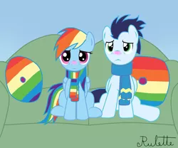 Size: 1024x853 | Tagged: safe, artist:rulette, derpibooru import, rainbow dash, soarin', clothes, couch, female, male, scarf, shipping, sick, sitting, soarindash, straight