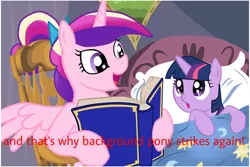 Size: 1024x683 | Tagged: safe, deleted from derpibooru, derpibooru import, princess cadance, twilight sparkle, alicorn, pony, unicorn, bedtime story, book, cadance's bedtime stories, duo, exploitable meme, looking up, meme, younger