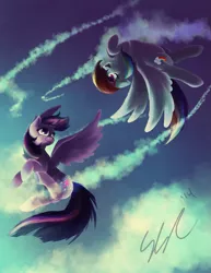 Size: 1817x2352 | Tagged: safe, artist:seyllah, derpibooru import, rainbow dash, twilight sparkle, twilight sparkle (alicorn), alicorn, pony, female, flying, mare