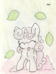 Size: 675x893 | Tagged: safe, artist:slightlyshade, derpibooru import, sweetie belle, cute, food, lime, solo, sugar (food), tongue out, traditional art