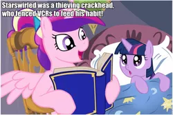 Size: 960x640 | Tagged: safe, deleted from derpibooru, derpibooru import, princess cadance, twilight sparkle, alicorn, pony, unicorn, bedtime story, book, cadance's bedtime stories, duo, exploitable meme, female, filly, looking up, meme, merlin's shop of mystical wonders, mystery science theater 3000, younger