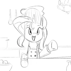 Size: 500x500 | Tagged: safe, artist:goat train, deleted from derpibooru, derpibooru import, sunset shimmer, pony, unicorn, chef's hat, clothes, cooking, grayscale, hat, monochrome, sketch, smiling, solo