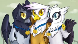 Size: 1280x731 | Tagged: safe, artist:spiritcookie, derpibooru import, gilda, giselle, irma, natalya, gryphon, equestria games (episode), background griffon, equestria games, female, gold medal, griffon team, group photo, image, png, posing for photo, trio, vancouver 2010, vanhoover 2010, winter olympic games