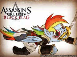 Size: 1784x1313 | Tagged: artist:chrisblazedemon, assassin's creed, assassin's creed iv black flag, clothes, crossover, derpibooru import, mouth hold, pirate dash, rainbow dash, saber, safe, solo, sword, weapon